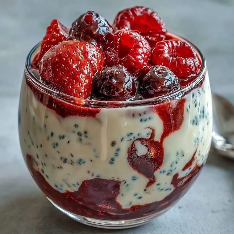 Vibrant layered chia pudding cups filled with juicy summer berries, topped with coconut flakes and mint for a refreshing vegan breakfast or snack.