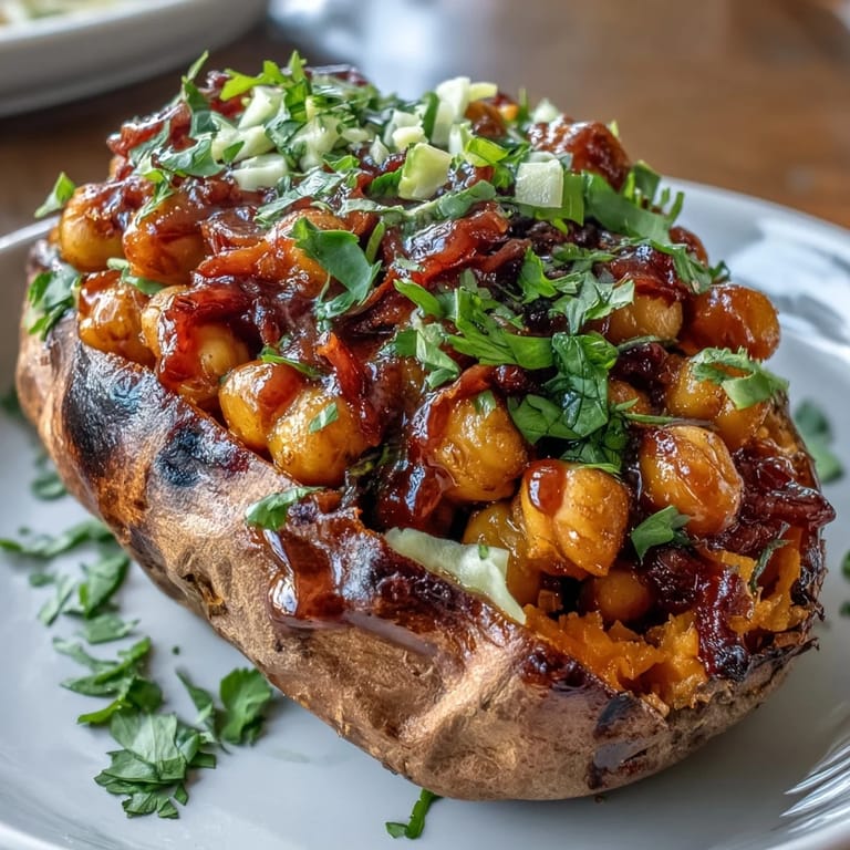 Plant-based BBQ chickpea stuffed sweet potatoes served with crisp, maple-vinegar slaw for a satisfying and colorful meal.