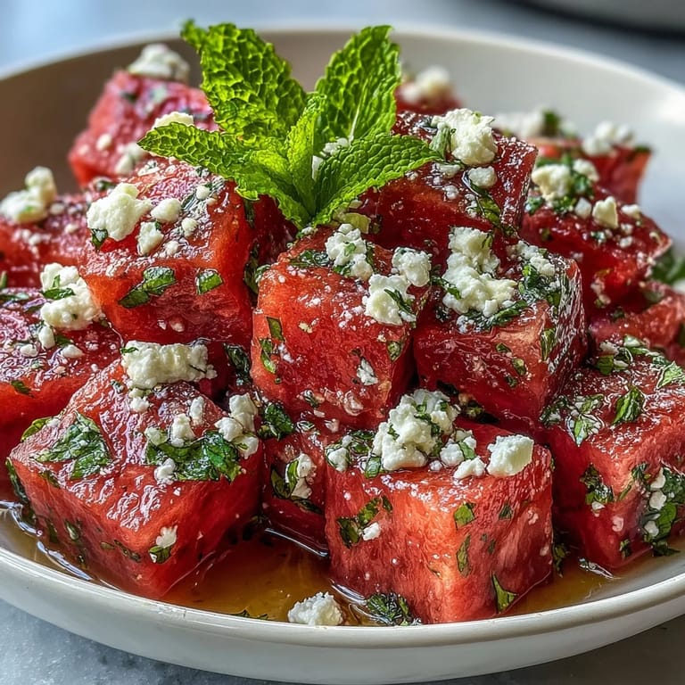 Colorful watermelon feta mint salad with a bright, appetizing presentation, combining crisp fruit, creamy cheese, and aromatic herbs in a Mediterranean-inspired dish.