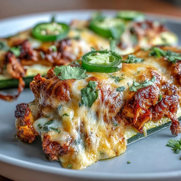 Zucchini boats stuffed with flavorful chicken enchilada filling, topped with melted cheese and fresh cilantro.