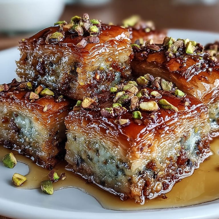 Rich honey-soaked baklava featuring crunchy pistachios and flaky phyllo pastry, served on a decorative platter.