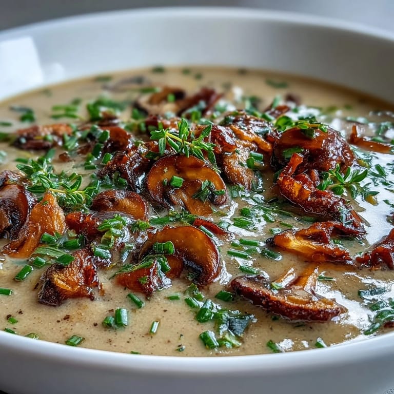 Velvety Wild Mushroom Bisque, blended to creamy perfection with aromatic thyme and a splash of sherry, topped with delicate herb garnish.  