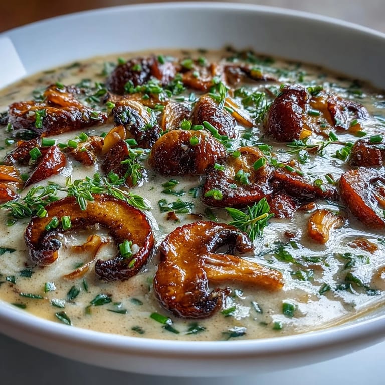 Rich and hearty Wild Mushroom Bisque, featuring a medley of wild mushrooms simmered in savory broth, finished with a swirl of heavy cream.