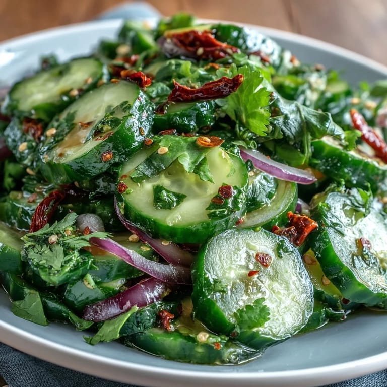 A refreshing summer salad featuring thinly sliced cucumbers in a tangy chilli-lime dressing with fresh herbs.