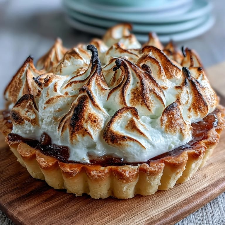 Elegant passionfruit tart with swirls of toasted meringue and vibrant passionfruit curd, served on a decorative plate for dessert.