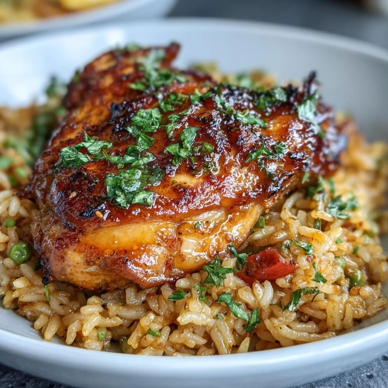 Spicy Nandos-style Portuguese chicken and rice, golden-brown thighs resting atop fragrant turmeric rice and green peas.