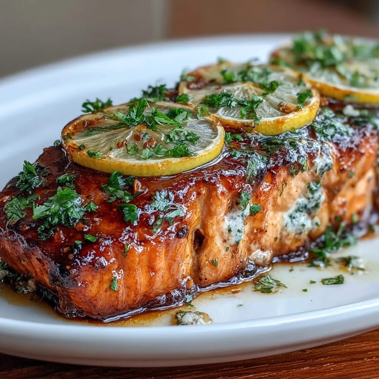 Golden-baked salmon topped with honey-lime garlic butter glaze, garnished with fresh herbs and citrus.