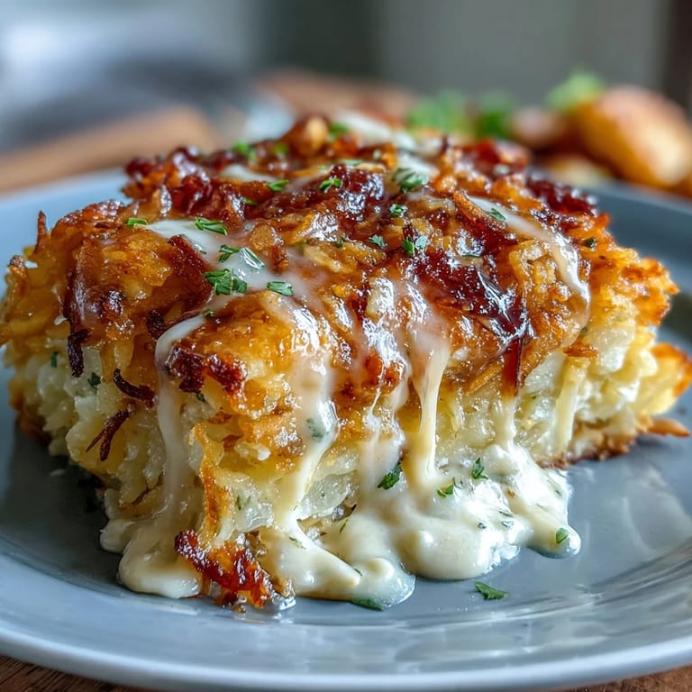 A comforting casserole of tender hashbrowns baked in a rich, creamy sauce with sharp cheddar cheese and golden crust.