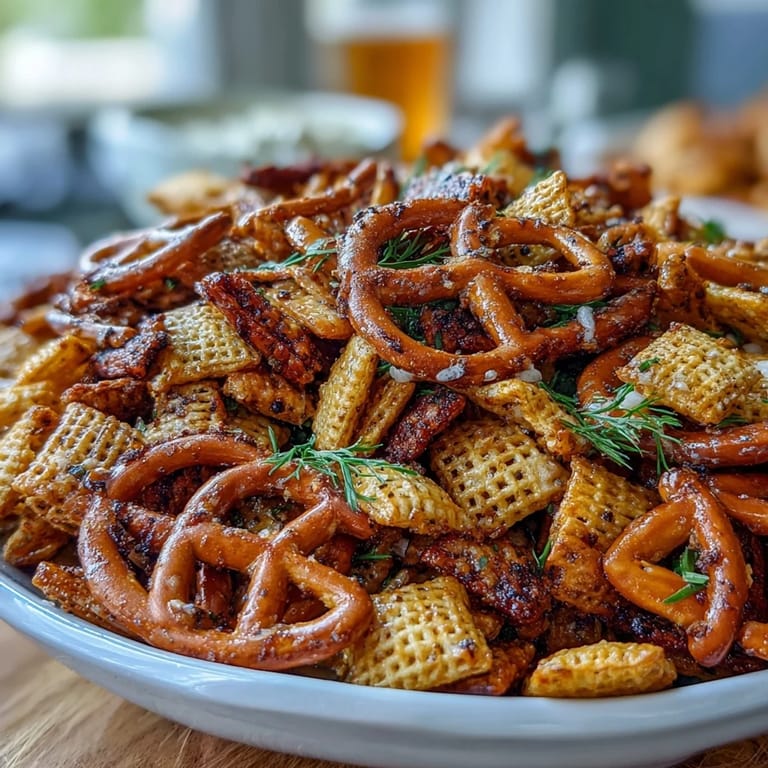 Crunchy dill pickle Chex Mix snack, baked to golden perfection with buttery garlic and onion notes.