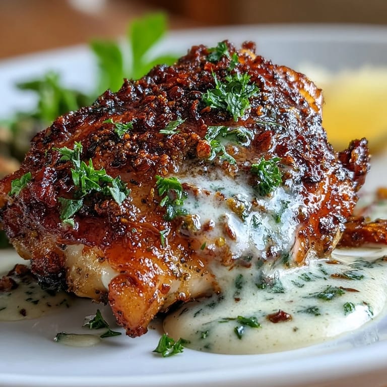 Golden, bone-in chicken thighs seasoned with zaatar and smoked paprika, oven-roasted and finished with a luscious tahini-garlic drizzle.