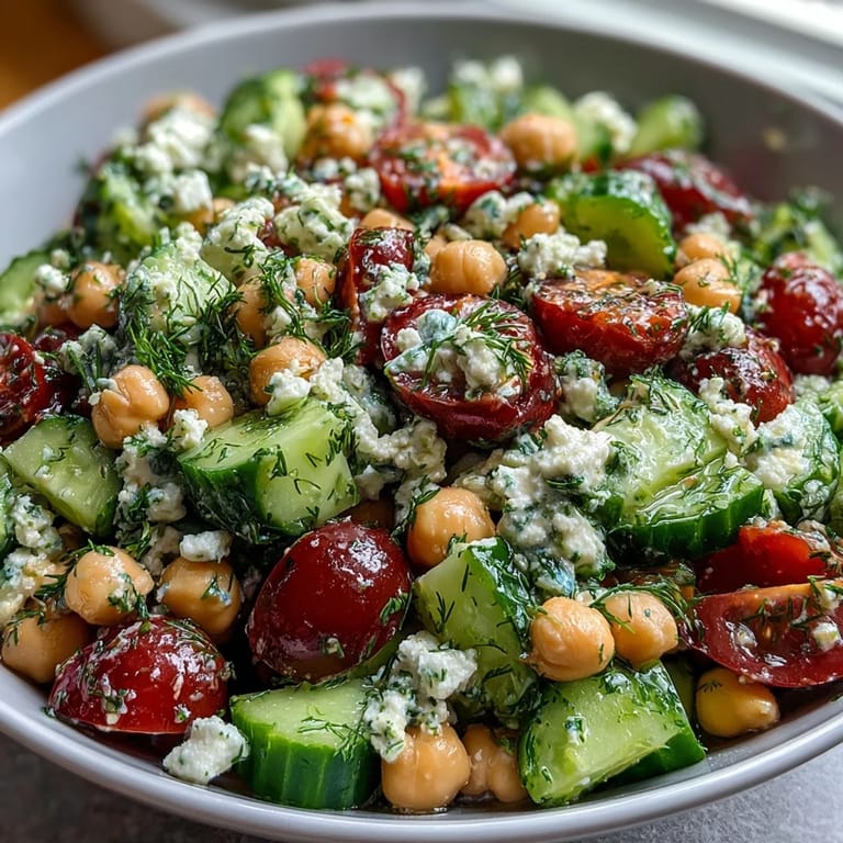 Protein-packed chickpea cucumber salad with feta and tomatoes, tossed with lemon dressing and crunchy vegetables for a refreshing vegetarian dish.