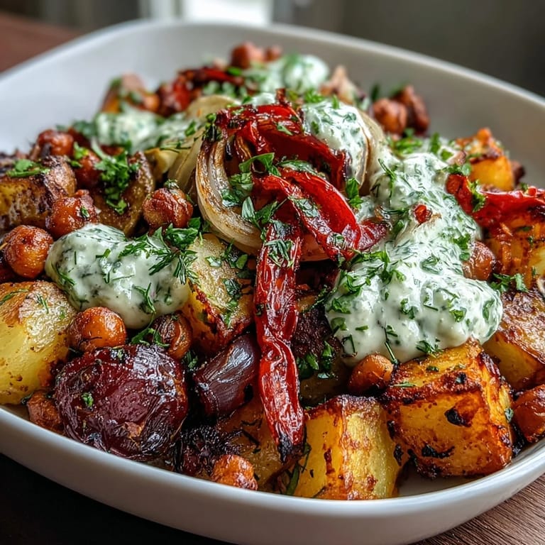 Hearty vegetarian bowl featuring roasted vegetables and chickpeas over rich, garlicky tzatziki for a nourishing meal.