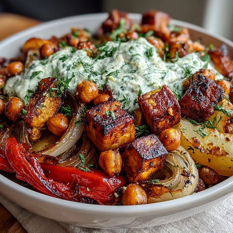 Wholesome Mediterranean bowl with crispy roasted potatoes, chickpeas, and red onion, drizzled with tangy tzatziki.  