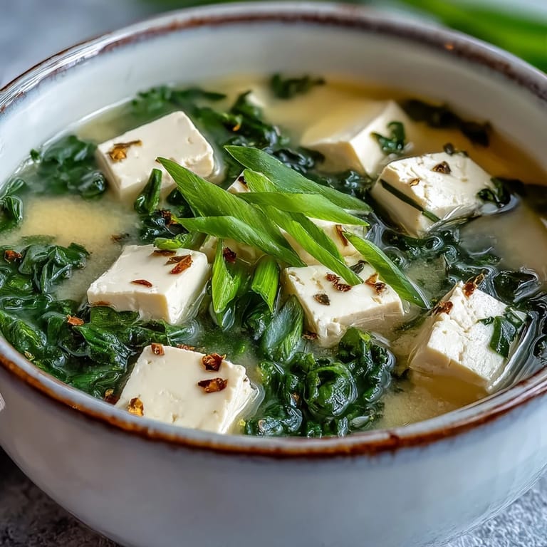 Comforting bowl of miso soup featuring silky tofu cubes, wilted spinach, and fresh scallions.  