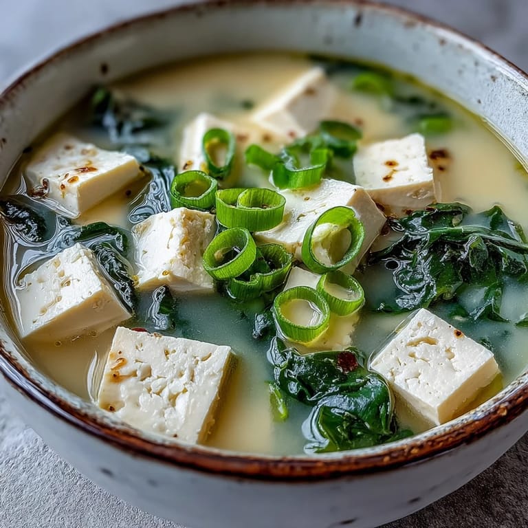 Hearty vegetarian miso soup with tender tofu, vibrant spinach, and aromatic green onion slices.