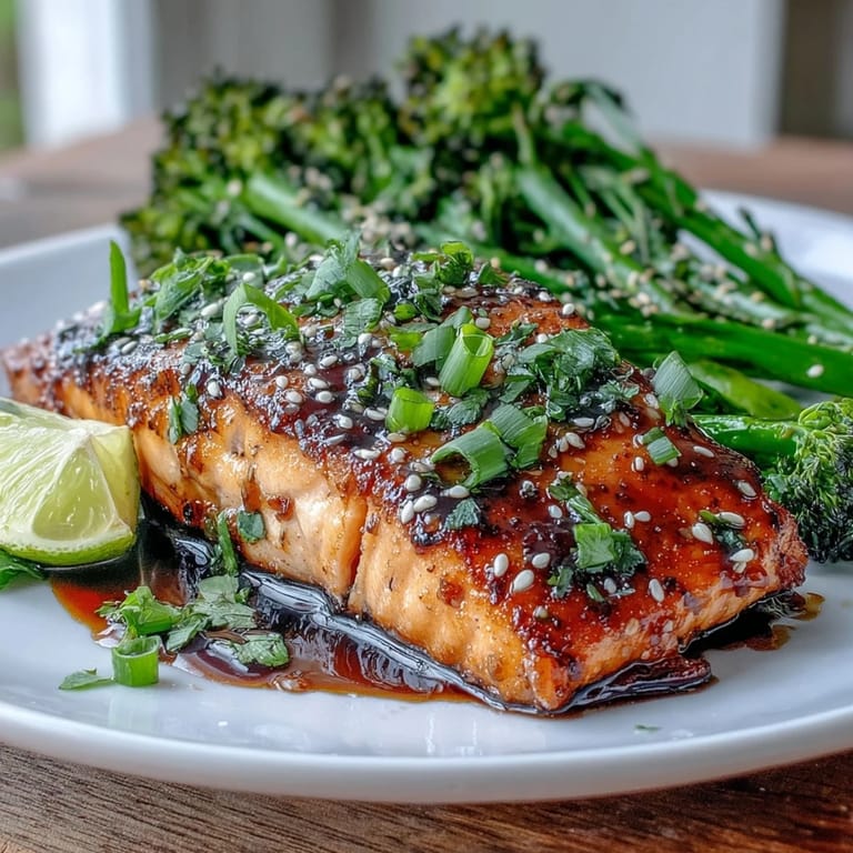 Flavorful honey-soy glazed salmon roasted to perfection, served over vibrant sesame broccoli with a hint of ginger and garlic.