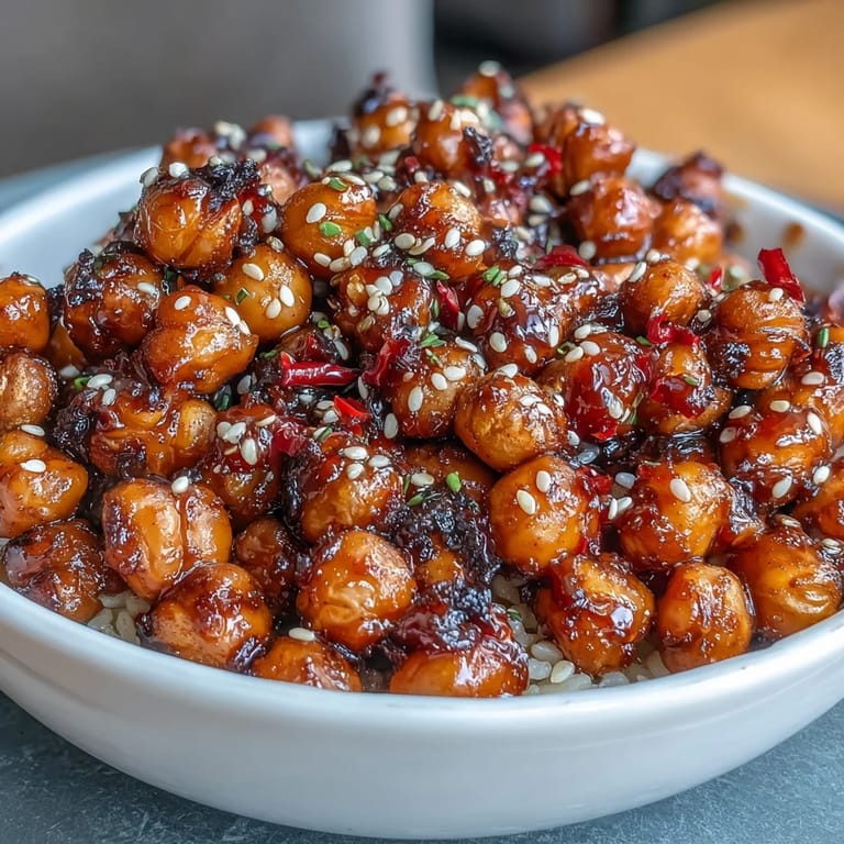 Crispy chickpeas glazed with spicy chili-garlic sauce, served atop steaming jasmine rice with fresh garnishes.