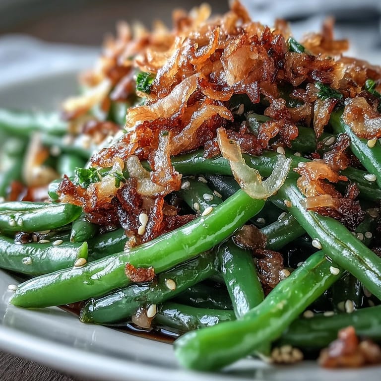 Crispy onions add texture to tender green beans glazed with garlic and toasted sesame in this easy recipe.