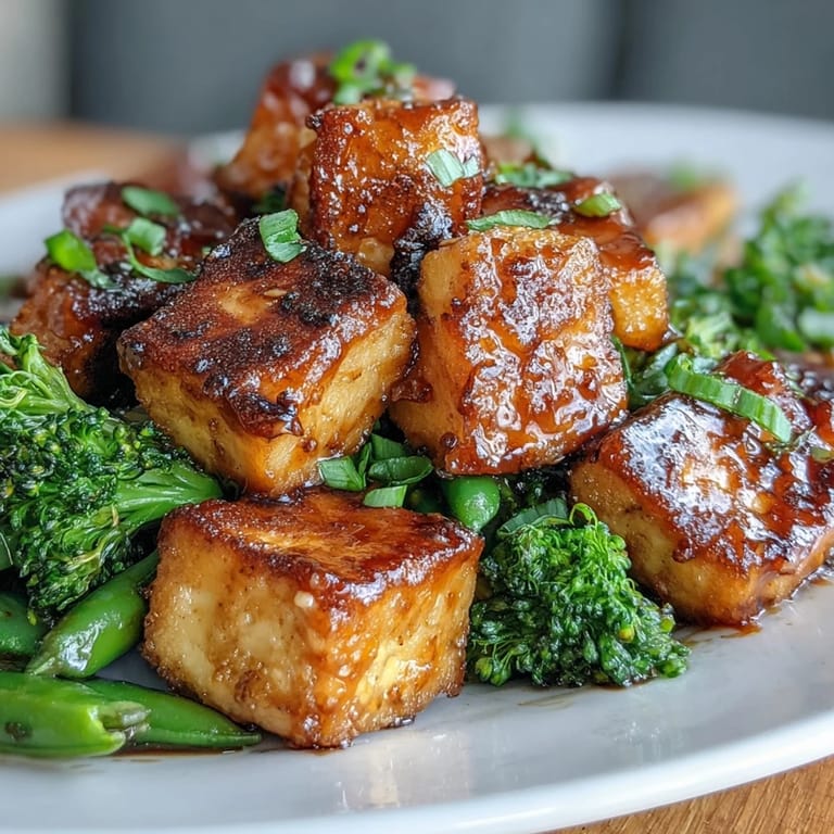 Colorful plant-based teriyaki stir-fry featuring golden tofu cubes, crunchy snap peas, and tender broccoli florets in a savory sauce.  