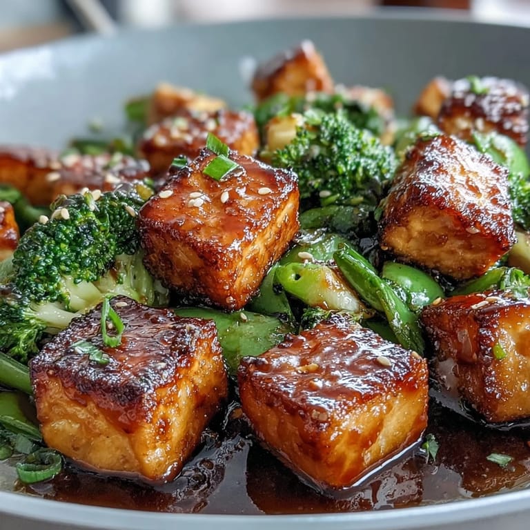 Healthy tofu and vegetable stir-fry with sweet teriyaki glaze, packed with crisp broccoli and snap peas for a satisfying meal.