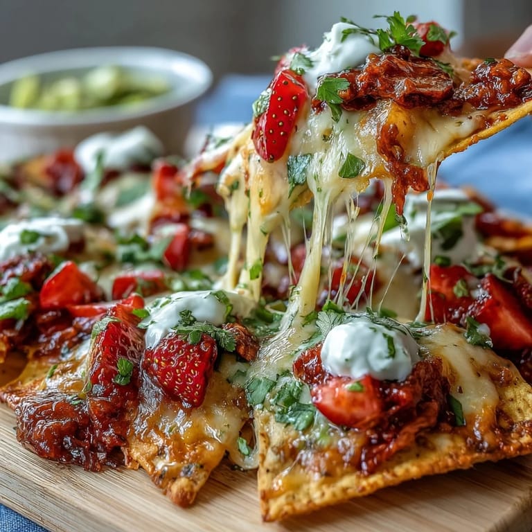 Colorful nacho platter with strawberry salsa, black beans, and avocado served on a large board, perfect for sharing at summer gatherings.