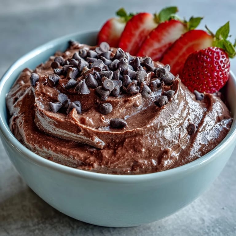 Rich and velvety cottage cheese brownie batter dip garnished with chocolate chips, paired with colorful fruit skewers for a healthy dessert platter.