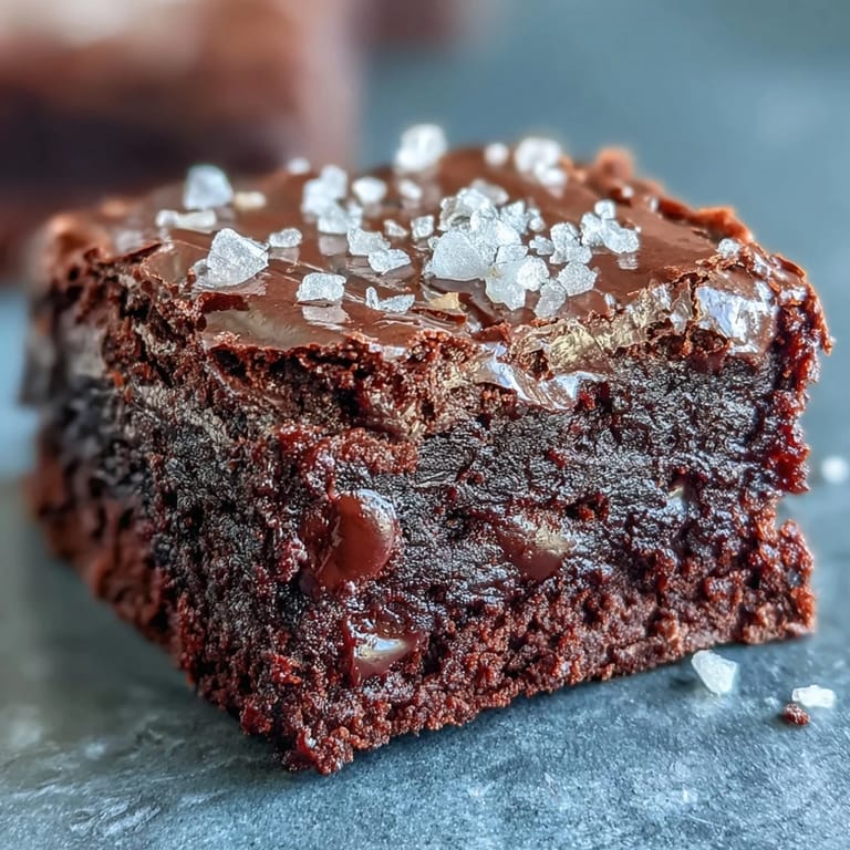 Chewy sourdough discard brownies with a sprinkle of sea salt flakes, offering a sweet and salty treat.