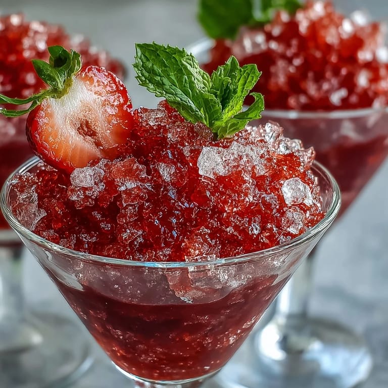 Fluffy strawberry lime granita with zesty citrus notes, served in chilled cups and garnished with lime wedges for a boozy frozen dessert.