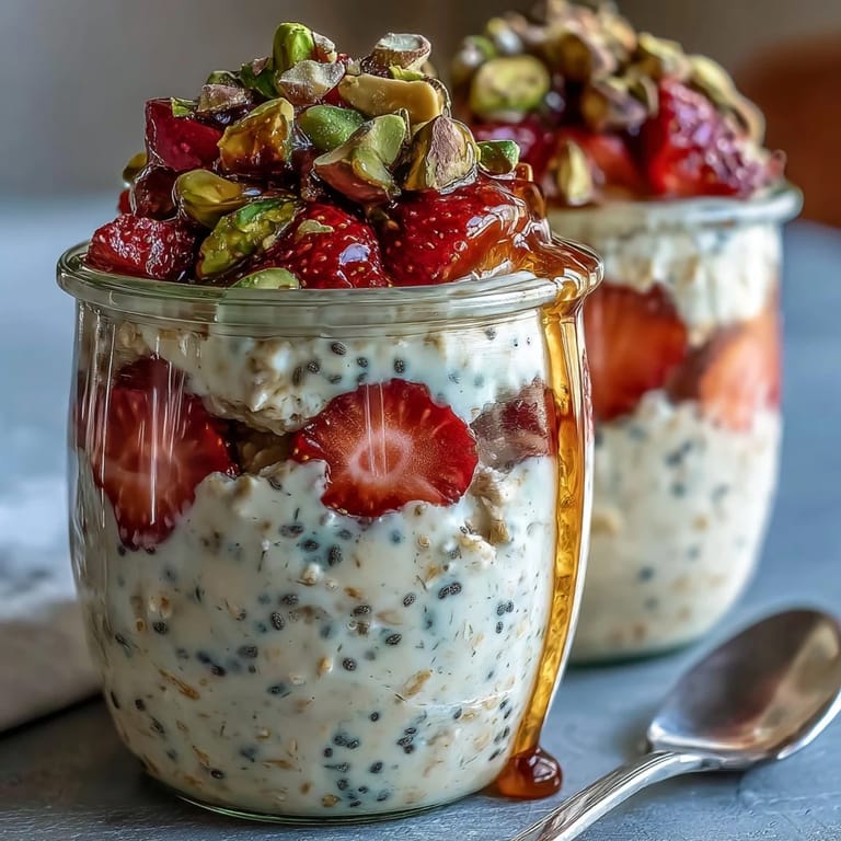 Layered strawberry pistachio overnight oats with creamy yogurt and chia seeds, garnished with chopped nuts and sweet honey for a nourishing start.