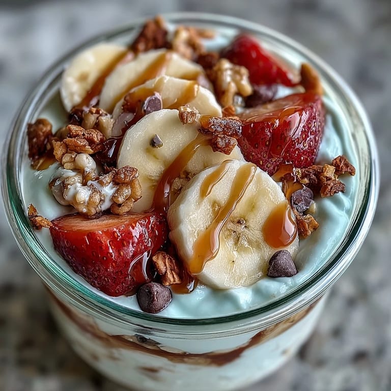 Layered breakfast jar featuring banana slices, vanilla yogurt, strawberries, blueberries, granola, and nuts—perfect for a healthy start to the day.