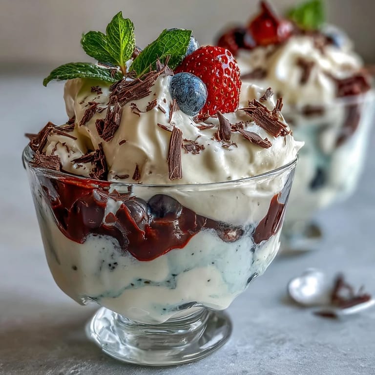 Creamy Greek yogurt layered with sweet mixed berries and topped with rich dark chocolate shavings for a delightful treat.