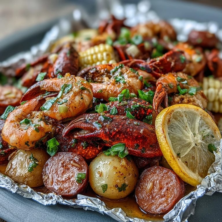 Mess-free crawfish boil foil packets featuring seasoned seafood, smoked sausage, and vegetables, grilled to smoky perfection.