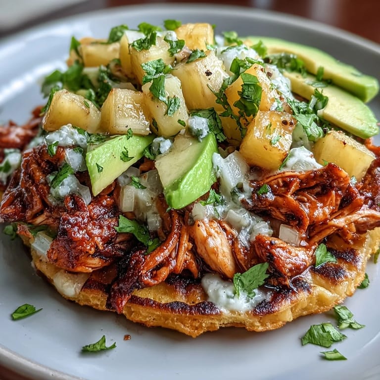 Golden tostada shells topped with smoky chicken, fresh pineapple salsa, and creamy avocado slices for a fresh bite.