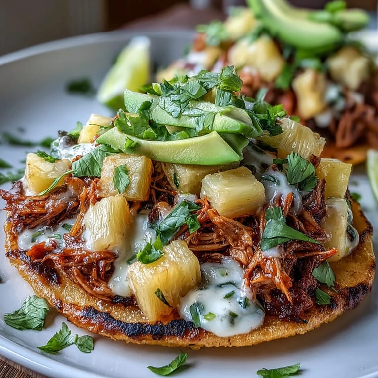 Crunchy tostadas layered with juicy chicken, tangy pineapple salsa, and cool avocado for a flavorful Mexican-inspired dish.