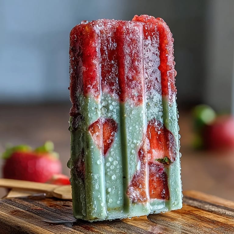Vibrant strawberry and matcha latte popsicles, featuring creamy layers and a hint of vanilla for an irresistible frozen delight.