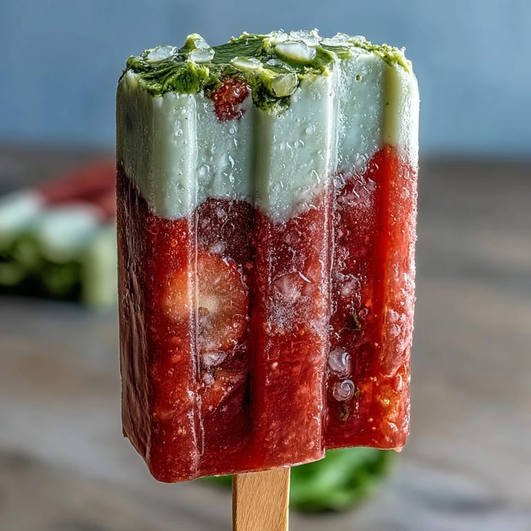 Delicious homemade popsicles blending sweet strawberries and earthy matcha, offering a unique twist on classic frozen desserts.
