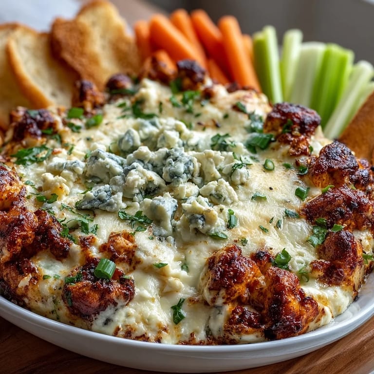 Baked High-Protein Cottage Cheese Buffalo Chicken Dip with Greek yogurt, cheddar, and hot sauce, perfect for healthy party snacking.