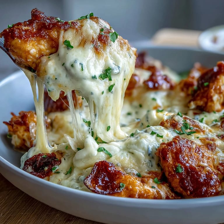 Golden-baked cottage cheese buffalo chicken dip topped with mozzarella and cheddar, garnished with green onions.