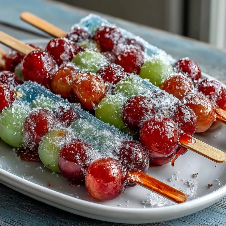 Colorful frozen grape skewers with bright lime sugar crystals, an easy, healthy dessert for warm-weather gatherings.