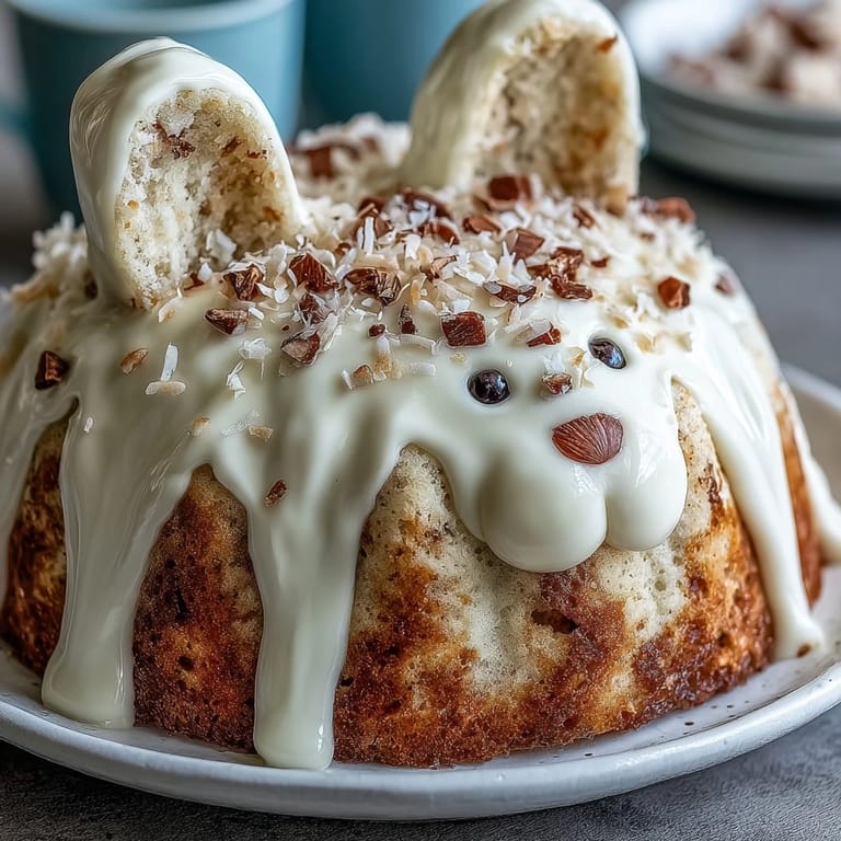 Whimsical bunny-shaped cake decorated with coconut fur, pink accents, and shimmering gold sprinkles, perfect for Easter celebrations and family gatherings.