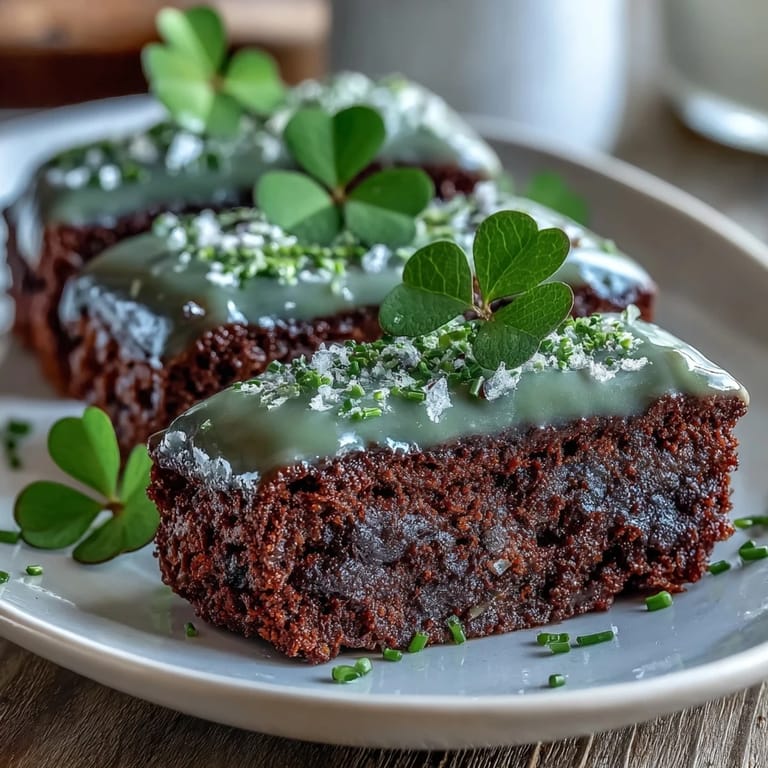 Festive shamrock brownies drizzled with creamy green icing, offering a sweet and indulgent dessert for holiday gatherings.