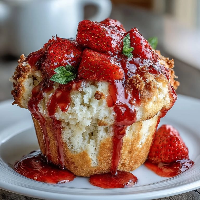 Fresh strawberry muffins with a zesty lemon glaze, offering a delightful balance of sweetness and citrus in every bite.