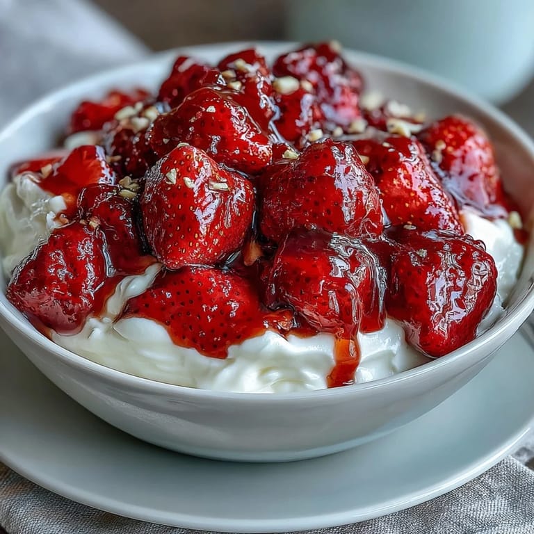 A bright and fruity breakfast bowl with fresh strawberry compote over thick Greek yogurt, drizzled with honey.