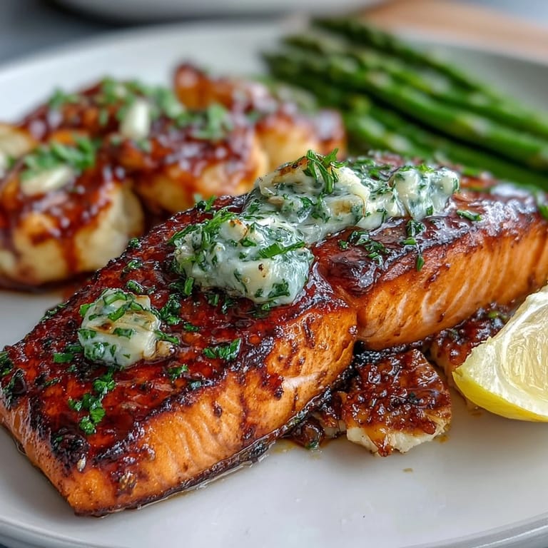 Aromatic garlic butter coats tender salmon fillets alongside crisp asparagus, creating a colorful and healthy dinner centerpiece.
