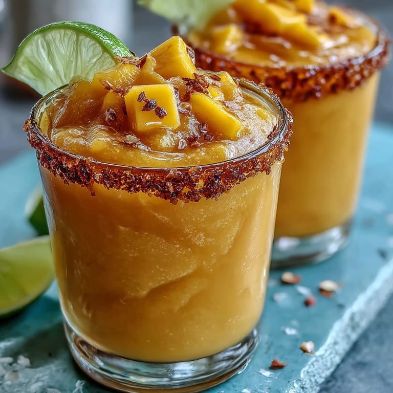 Refreshing frozen mango margarita mocktail served with a Tajín-rimmed glass and lime wedge for a zesty kick.  