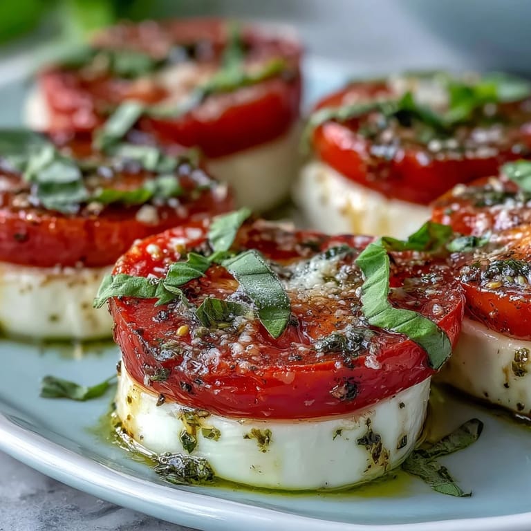 Colorful heirloom tomatoes and mozzarella arranged in a classic Caprese pattern, finished with a rich basil oil drizzle and flaky sea salt.