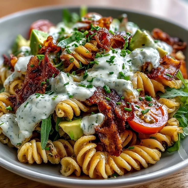 Creamy avocado ranch BLT pasta salad with crispy bacon, juicy cherry tomatoes, and crunchy lettuce in every bite.