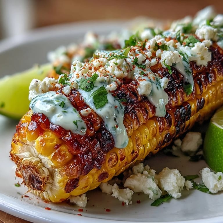 Smoky grilled corn elote style with rich sauce, Cotija cheese, and fresh cilantro for bold flavor.