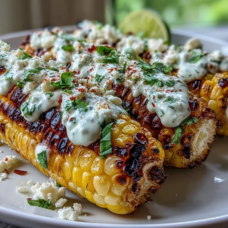 Grilled corn elote style—charred kernels coated in zesty, creamy sauce, topped with crumbled cheese and chili.