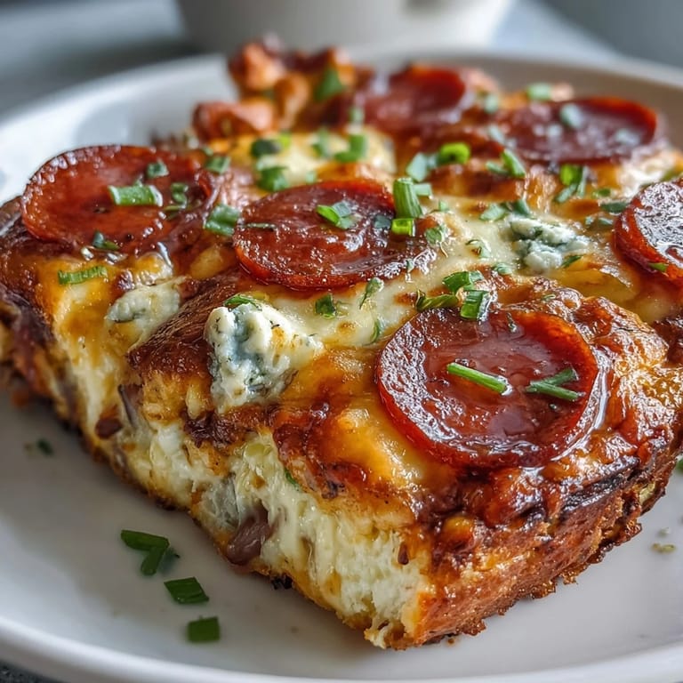 Serve this High-Protein Pizza Breakfast Casserole warm for meal prep, garnished with fresh basil and a side of fruit.